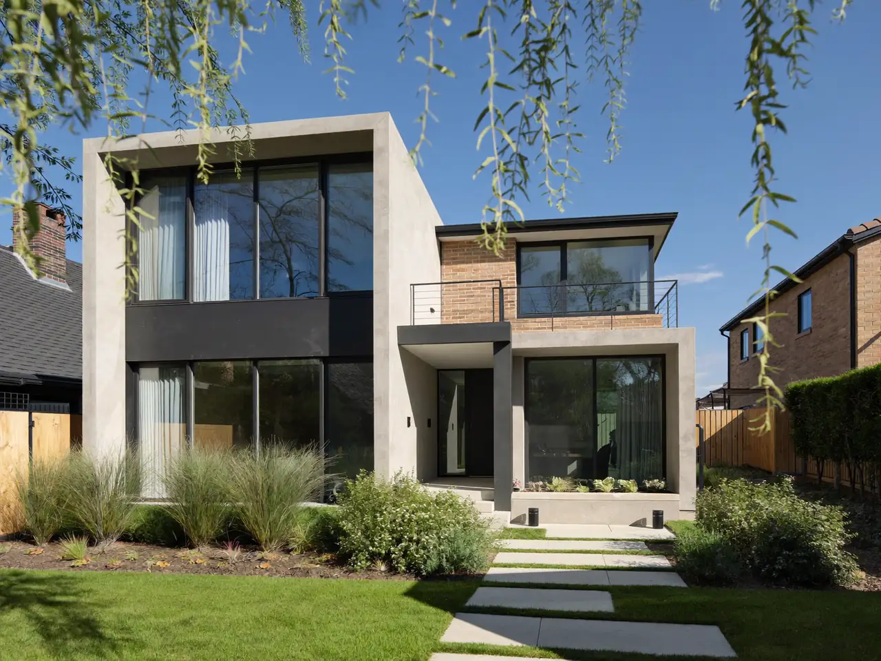 Energy-efficient windows on a detached house on a bright day