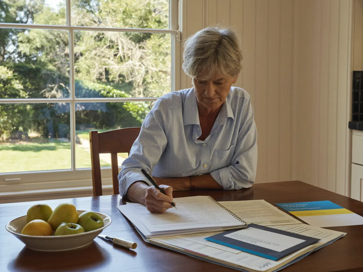 Homeowner reviewing window funding options at a table with paperwork