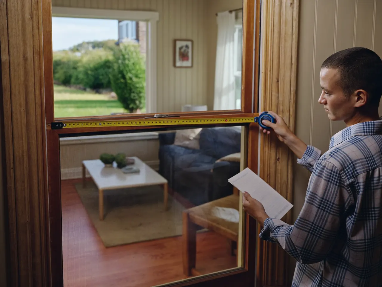 Surveyor measuring a living-room window during a home survey